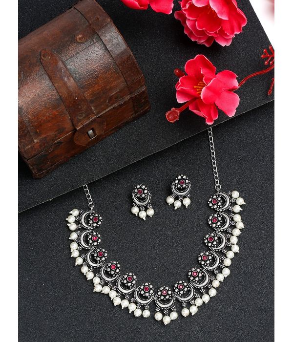 YouBella Jewellery Oxidised Silver Necklace Jewellery Set with Earrings for Girls and Women (Silver) (YBNK_50526)